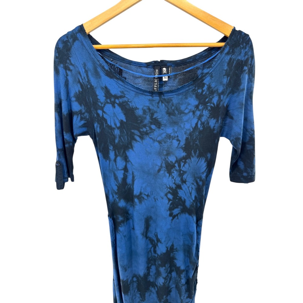 Affliction Blue Black Tie Dye Ruched Drawstring Asymmetrical Tee Dress M - Picture 2 of 9